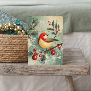 Cartes Pour Fêtes Annuelles Flocons de houx de branche enneigée d'oiseau rouge