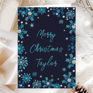 Cartes Pour Fêtes Annuelles Flocons de neige Bleu Argent Joyeux Noël avec nom