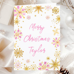 Cartes Pour Fêtes Annuelles Flocons de neige en or rose Joyeux Noël avec nom