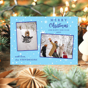 Cartes Pour Fêtes Annuelles Flocons Élégants 2 Photo Bleu Joyeux Noël