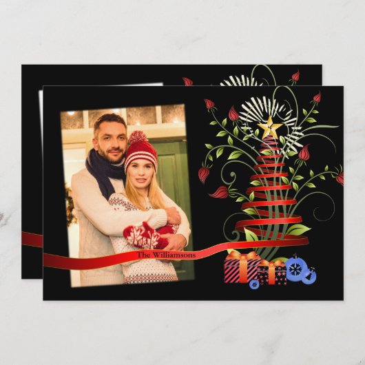 Cartes Pour Fêtes Annuelles Floral Art Moderne Arbre de Noël Photo (Devant / Derrière)