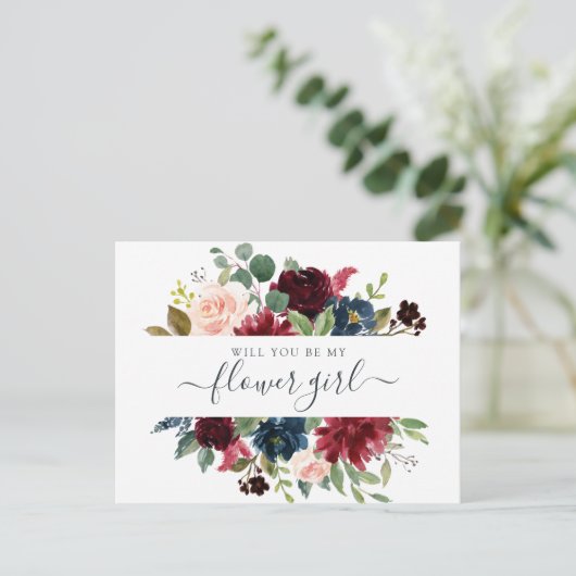 Cartes Pour Fêtes Annuelles Floral Bourgogne Navy Bouquet Serez-Vous Mon (Debout devant)