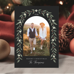 Cartes Pour Fêtes Annuelles Floral Garland Arched Photo Black Christmas Card