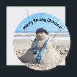 Cartes Pour Fêtes Annuelles Floride ronde personnalisée Snowman Beach Noël<br><div class="desc">Photo d'un bonhomme de neige sculpté sur sable - customisez facilement le texte.</div>