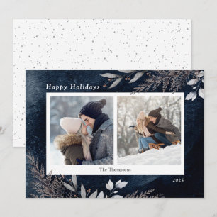 Cartes Pour Fêtes Annuelles Foliage d'hiver Marine Aquarelle bleue 2 Photos