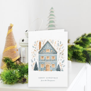 Cartes Pour Fêtes Annuelles Folk Art Winter Blue House Joyeux Noël