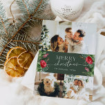 Cartes Pour Fêtes Annuelles Forest Green Botanical 3 Photo Joyeux Noël<br><div class="desc">Cette collection présente des fleurs rouges aquarelles,  des baies et de la verdure hivernale avec une typographie moderne et élégante,  avec un motif botanique d'hiver.</div>