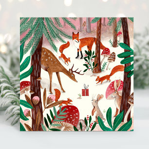 Cartes Pour Fêtes Annuelles Forêt Bois vert et rose animaux boisés Forêt