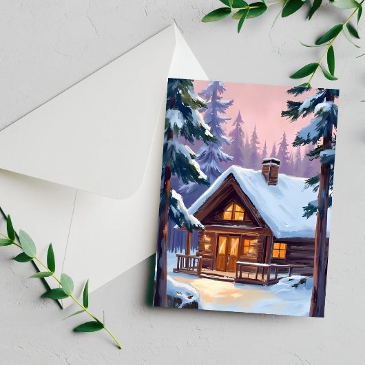 Cartes Pour Fêtes Annuelles Forêt Cabine de Noël Neige d'hiver