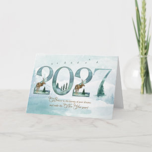Cartes Pour Fêtes Annuelles Forêt de bois du Nouvel An 2027 avec cerfs et pins