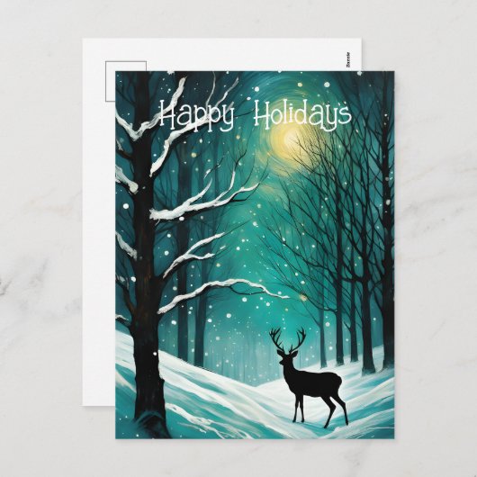 Cartes Pour Fêtes Annuelles Forêt de nuit d'hiver Noël aux cerfs (Devant / Derrière)