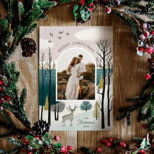 Cartes Pour Fêtes Annuelles Forêt d'hiver avec cerf Noël de la photo Woodlan
