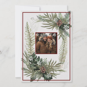 Cartes Pour Fêtes Annuelles Fougères verdure cônes de pin flocons de neige