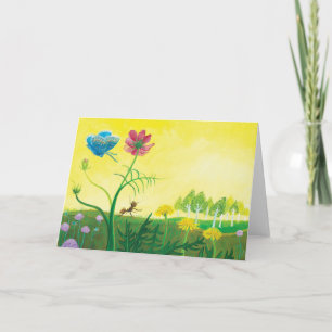 Cartes Pour Fêtes Annuelles Fourmi et papillon dans une prairie de fleurs sauv