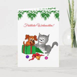 Cartes Pour Fêtes Annuelles Fröhliche Weihnachten, Hund und Katze auf Deutsch