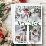 Cartes Pour Fêtes Annuelles Fun Calligraphy Green 3 Photo Couple Noël<br><div class="desc">Script de calligraphie moderne Joyeux Noël Couple Carte photo - 3 Photos - Script vert</div>