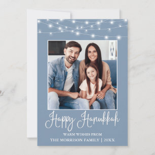 Cartes Pour Fêtes Annuelles Fun Calligraphy String Lights Photo Blue Hanoukka
