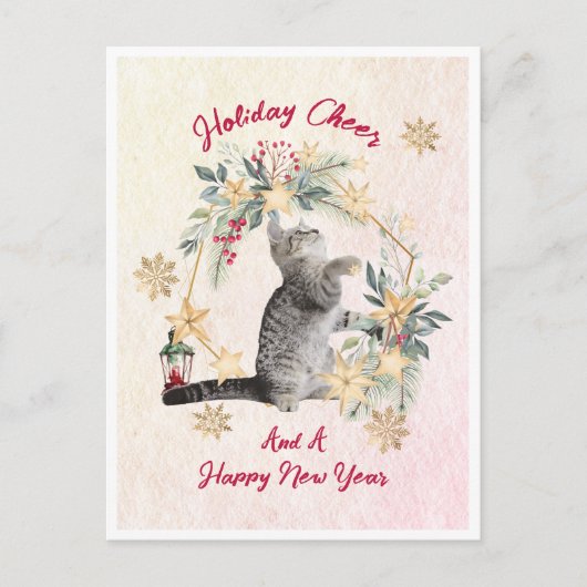 Cartes Pour Fêtes Annuelles Fun Chat Gold Snowflakes Joyeux Nouvel An Noël (Devant)