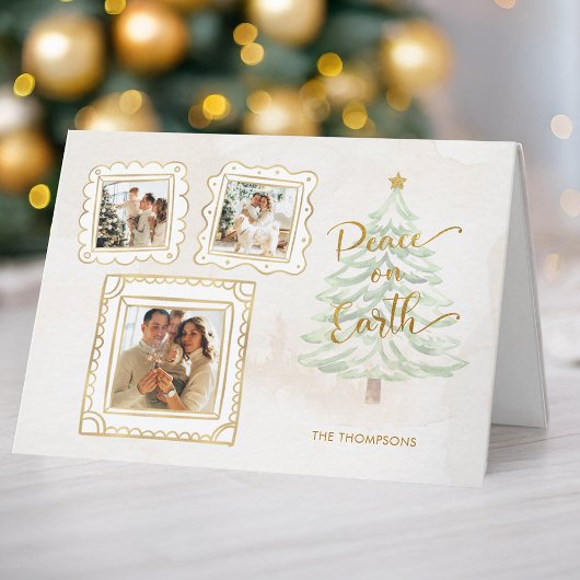 Cartes Pour Fêtes Annuelles Fun Gold Doodle Frame Peace on Earth 3-Photo
