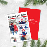 Cartes Pour Fêtes Annuelles Fun Joyeux Noël Photo Collage Journal<br><div class="desc">Ce design présente un joyeux Noël,  avec un collage photo,  et un amusant pôle nord,  avec une photo de 7 sept,  typographie typographique,  un bulletin d'information unique,  un Père Noël lunatique mignon,  un rouge et blanc,  des rayures de sucre de canne rayées,  une carte de voeux de vacances amusante</div>