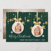 Cartes Pour Fêtes Annuelles Fun Noël Ornement Photo Vert Or (Devant / Derrière)