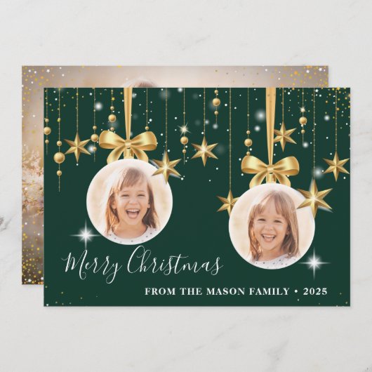 Cartes Pour Fêtes Annuelles Fun Noël Ornement Photo Vert Or (Devant / Derrière)