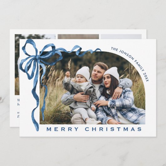 Cartes Pour Fêtes Annuelles Funky Christmas Boho Blue Bow Ribbon 4 Photo (Devant / Derrière)