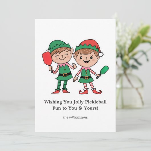 Cartes Pour Fêtes Annuelles Funky Pickleball Elfes de Noël, Texte personnalisé (Debout devant)