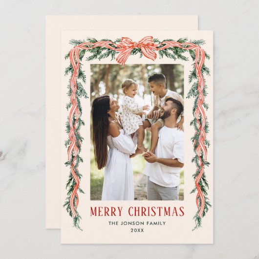 Cartes Pour Fêtes Annuelles Funky Sage Green Christmas Bow Ribbon 2 Photo (Devant / Derrière)