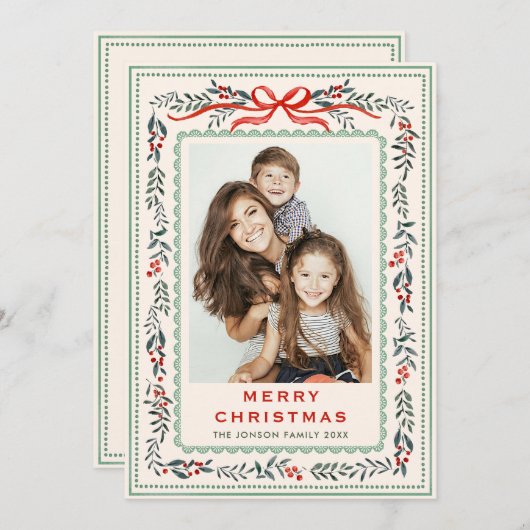 Cartes Pour Fêtes Annuelles Funky Sage Green Christmas Bow Ribbon 2 Photo (Devant / Derrière)