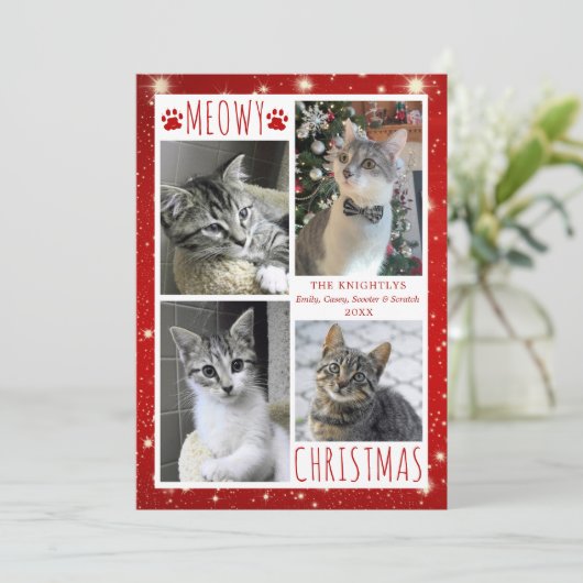 Cartes Pour Fêtes Annuelles Funny Chat 4 Photo Collage MEOWY NOËL Rouge (Debout devant)