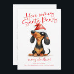 Cartes Pour Fêtes Annuelles Funny Dachshund Père Noël Paws 2025 Calendrier Noë<br><div class="desc">Funny Dachshund Père Noël Paws 2025 Calendrier Noël. Disponible numériquement et imprimé. Amusement festif pour vos souhaits de vacances, avec ce design amusant avec un chien cheeky weiner chien dans son chapeau de Père Noël. Voici Père Noël Paws et Joyeux Noël sont dans un script moderne et facilement personnaliser votre...</div>