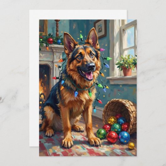 Cartes Pour Fêtes Annuelles Funny German Shepherd Tangled in Christmas Lights (Devant / Derrière)