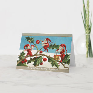 CARTES POUR FÊTES ANNUELLES FUNNY RED CHRISTMAS ELVES, HOLLYBERRIES, MISTLETOE