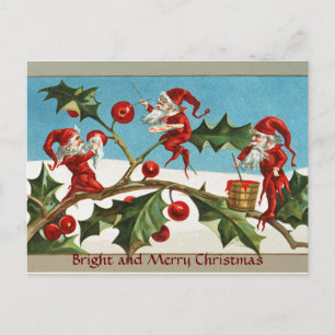 CARTES POUR FÊTES ANNUELLES FUNNY RED CHRISTMAS ELVES, HOLLYBERRIES, MISTLETOE