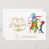Cartes Pour Fêtes Annuelles Funny Snowman Penguin Gold Parties scintillant Joy (Devant / Derrière)