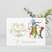 Cartes Pour Fêtes Annuelles Funny Snowman Penguin Gold Parties scintillant Joy (Debout devant)