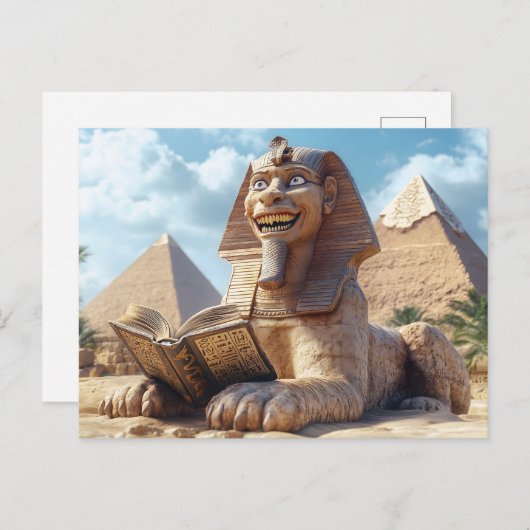 Cartes Pour Fêtes Annuelles Funny Sphinx Statue Lecture Ancien Livre en Egypte (Devant / Derrière)