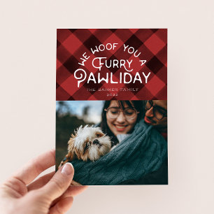Cartes Pour Fêtes Annuelles Furry Pawliday   Pet Photo Red Buffalo Check