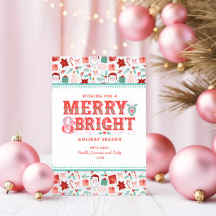 Cartes Pour Fêtes Annuelles Gai Merry & Bright   Rétro Sauge et Rouge