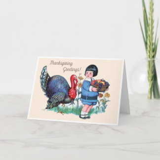 Cartes Pour Fêtes Annuelles Garçon de Thanksgiving vintage avec dinde et récol