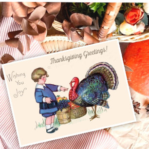 Cartes Pour Fêtes Annuelles Garçon de Thanksgiving vintage avec dinde et récol