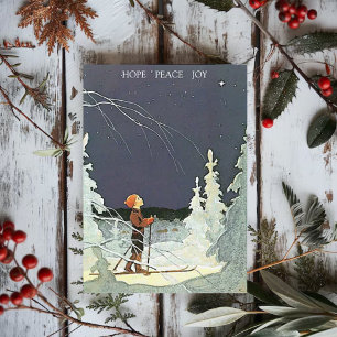 Cartes Pour Fêtes Annuelles Garçon vintage sur skis admirant l'étoile de Noël