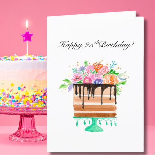 Cartes Pour Fêtes Annuelles Gâteau floral aquarelle Joyeux 25e anniversaire