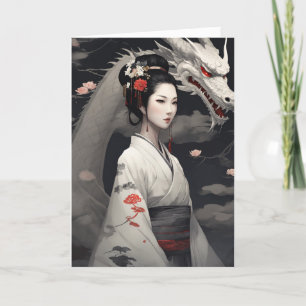 Cartes Pour Fêtes Annuelles Geisha avec Dragon Blanc Nouvel An Chinois 2024