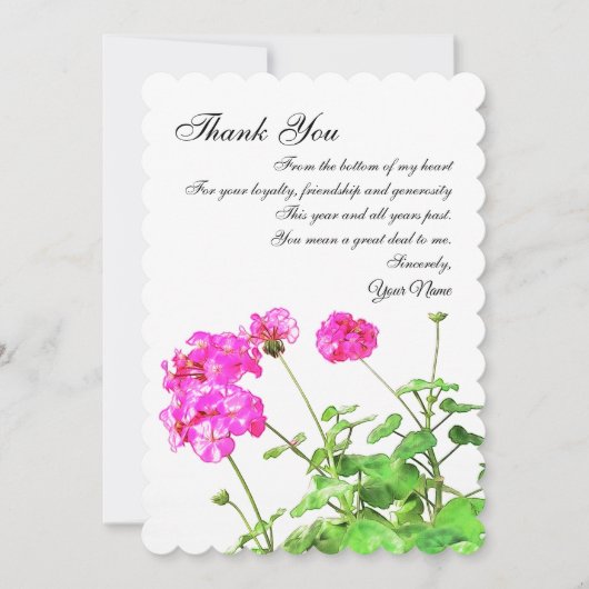 Cartes Pour Fêtes Annuelles Geraniums, Merci Note Pour Les Clients (Devant)