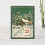 Cartes Pour Fêtes Annuelles German Christmas - winter forest, décembre 25<br><div class="desc">This design feh a vintage illustration of snow covered cottage in a snowy forest with the 25 of december on a calendar. The German text in front says : Merry Christmas. Inside à German too : Merry Christmas and a happy New Year.</div>