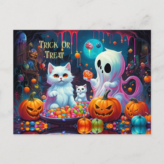Cartes Pour Fêtes Annuelles Ghost Kitten Citrouille Candy Halloween (Devant)