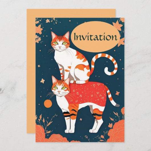 Cartes Pour Fêtes Annuelles Gingembre piggyback chat sur turquoise foncé (Devant / Derrière)
