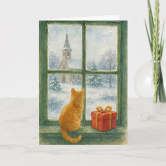 Cartes Pour Fêtes Annuelles Ginger Cat overlooking a winter's scene